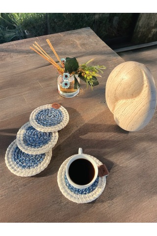 4 Adet Yuvarlak Bardak Altlığı- Leke Tutmaz- Beyaz-mavi 13x13 Cm Beyaz - Mavi