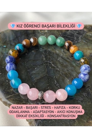 Doğal Taş Kız Öğrenci Başarı Bilekliği (Kaplangözü,Pembe Kuvars,Turkuaz, Akik,Sodalit ve Aventurin) Çok Renkli