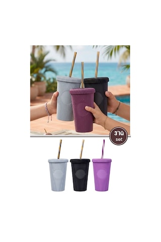 3 Adet Pipetli Kapaklı Opak Bardak 660 Ml, Smoothie Meşrubat İçecek Bardağı Mor-gri-siyah 3 Lü Set Renkli