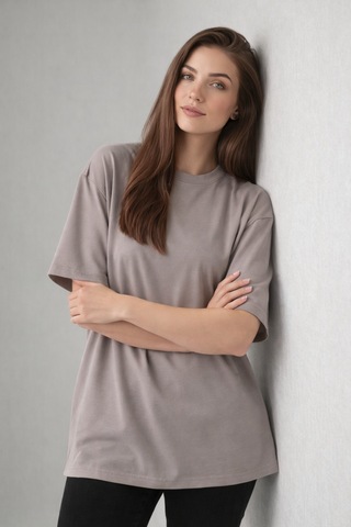 Enva Store Kadın Oversize Fit Yuvarlak Yaka Modal Basic T-shirt Tişört Bej
