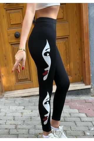 Soonaksesuar Kadın Yüz Baskılı Dalgıç Kumaş Tayt SiYAH