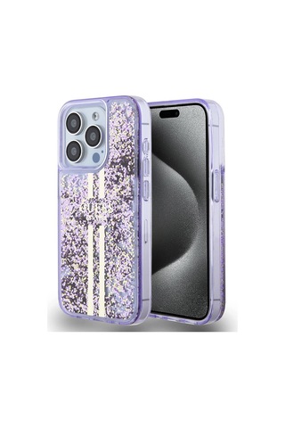 Apple Uyumlu iPhone 15 Pro Kılıf Guess Lisanslı Transparan Sıvılı Simli Altın Çizgili Kapak Mor