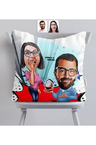 Kişiye Özel Evlilik Teklifi Karikatürlü Saten Yastık - 1