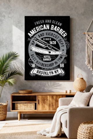 Mushen Studio American Barber Brooklyn Ny Vintage Kanvas Tablo Solvent Baskı Erkek Dekoru Duvar Sanatı Canvas