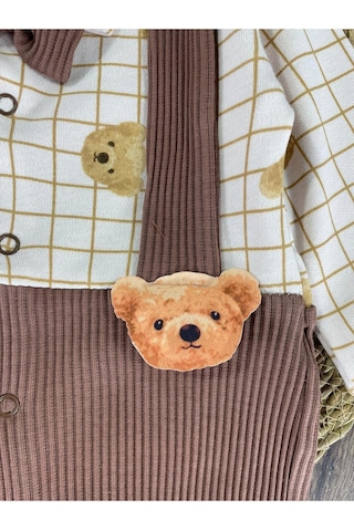 Bebicix Kaşkorse Esnek Papyonlu Ayıcık Figürlü Patikli Çıtçıtlı Erkek Bebek Tulum Kahverengi