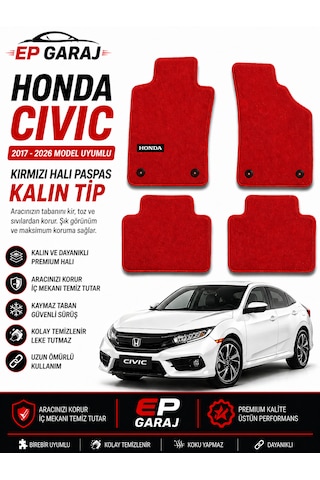 Honda Cıvıc 2017 2026 Uyumlu Kırmızı Halı Paspas Takımı Kalın Tip