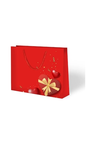 42 X 38 X 12 Cm Hediyelik Karton Çanta Kırmızı Valentine Kalp Desenli Lüks Çanta