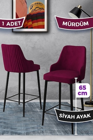 Canisa Tera Serisi 1 Adet 65 Cm Mürdüm Ada Mutfak Bar Sandalyesi Babyface Kumaş Siyah Metal Ayaklı Sandalyeler Mürdüm Ayaklar Siyah