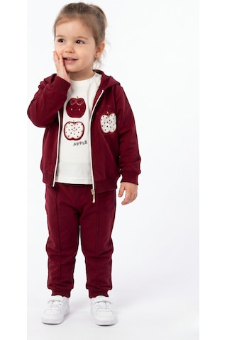 Toontoy Kids Toontoy Kız Çocuk 3'lü Eşofman Takımı Uzun Kollu Bisiklet Yaka Nakışlı T-shirt - Kapüşonlu Fermuarlı Hırka- Beli Paçası Lastikli Eşofman Altı 25040 Bordo