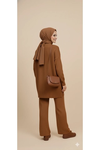 Triko Tunik Pantolon Tesettür Takım Kahve
