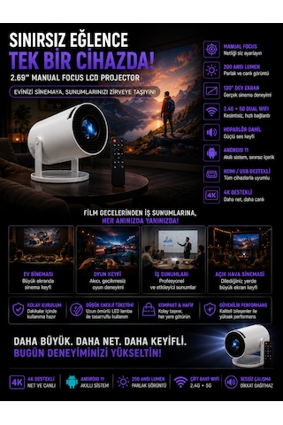 Android Wifi 4k Uhd Projektör 2.69 İnç Lcd 2.4g+5g Projeksiyon Kumandalı Ev Sinema Sistemi