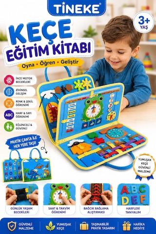 Tineke 3+ Yaş Keçe Eğitim Kitabı Montessori Eğitici Aktivite Oyuncağı Beceri Ve Zeka Geliştirici Çocuk Kitabı 4 Sayfa Mavi-ing