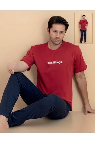 Pijamerry Erkek Bisiklet Yaka Kısa Kol Penye Pijama Takımı 6318 - 1 Adet Kırmızı