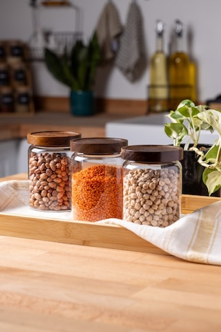 Finehome Pienza Akasya Kapaklı Cam Saklama Kabı Seti 3'Lü 550 ML Şeffaf