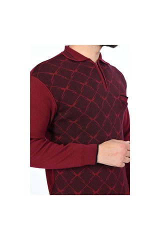 Kamalı Erkek Çelik Örgü Gömlek Yaka Cepli Fermuarlı Polo Yakalı Tüylenmeyen Triko Kışlık Baba Kazak Bordo