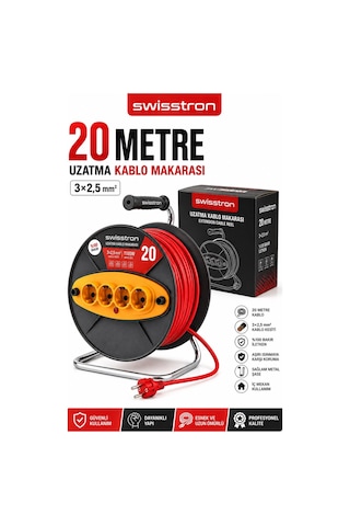 Swisstron Swıss20mk 20metre 3x2,5 Mm Makaralı Uzatma Kablosu 4 Lü Prizli Seyyar Kablo Makarası Bakır 20 M