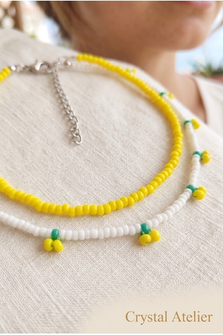 Crystal Atelier 2'li Sarı Kiraz Boncuk Kolye Seti El Yapımı Kum Boncuk Beyaz Sarı İkili Choker Kombini Sarı - Beyaz