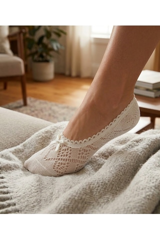 Heren Socks Heren 4'lü Dantelli Kadın Babet Çorap , Fiyonklu , Fileli ASORTİ