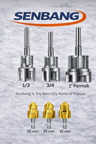 Senbang Pprc Pvc Boru Diş Açma Ve Havşa Pah Seti 6 Lı 1/2 3/4 1 Parmak Kılavuz + 20-25-32 Mm Havşa Ucu