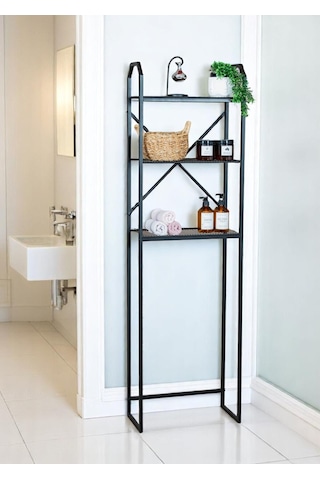 Metal Ayaklı 3 Raflı Banyo Rafı Klozet Üstü Dekoratif Raf Siyah