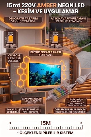 15 Metre Amber 220v Neon Led Şerit ,tak Çalıştır Set, Fişli Esnek Şerit Led, ,turuncu Led,mutfak,tezgah Ledi, Neon Led Şerit Işık ,ambiyans Işık Havuzu, Balkon, Teras Ve Ev İçin Dekoratif Led Amber