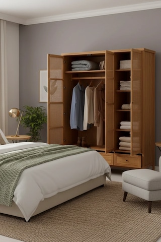 Altea Rattan Detaylı Geniş Masif Gardrop Ahşap