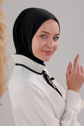Melodi Scarf Kadın Tesettür Pratik Çıtçıtlı Sandy Fular Hazır Deniz Havuz Uyumlu Bone Siyah Siyah