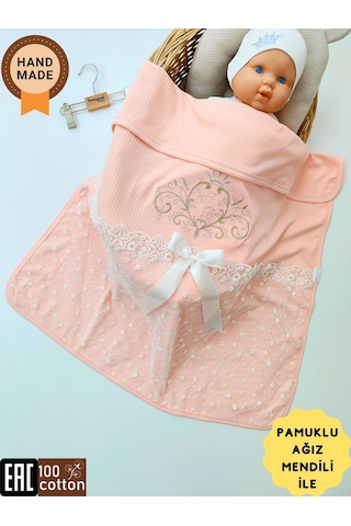 Pembe Kız Bebek Battaniyesi %100 Pamuklu Şık Dantelli Nakışlı Doğal Organik Uyku Örtüsü Yenidoğan Somon