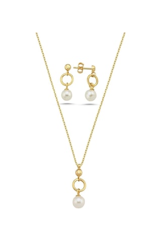 7,5 Mm Halka Doğal İnci Küpe Kolye İkili Set
