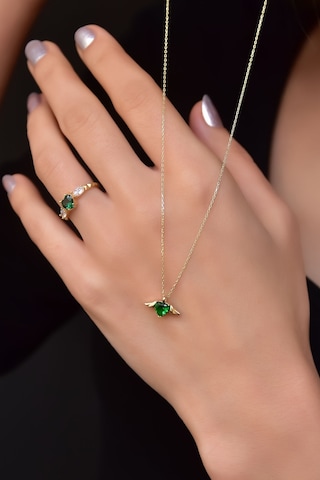 Papatya Silver 925 Ayar Gümüş Gold Kaplama Yeşim Renkli Kalp Kanat Kolye ve Ayarlanabilir Kalpli Prenses Yüzük Set