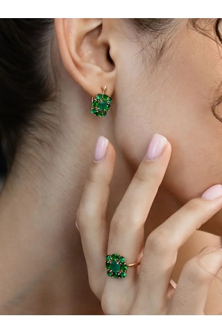 Lamponi 925 Ayar Gümüş Altın Kaplama Taşlı Küpeler 170806438 Yeşil