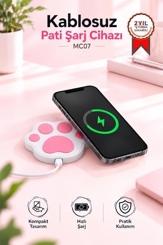 Torima Kablosuz Şarj Cihazı Kedi Patisi Görünümlü 15w Hızlı Şarj Pad Mc07 Beyaz 1 Adet