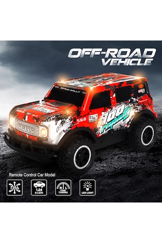 Full Fonksiyon Led Işıklı Gövde 1:24 Off Road Şarjlı Uzaktan Kumandalı Yarış Arabası - Kırmızı