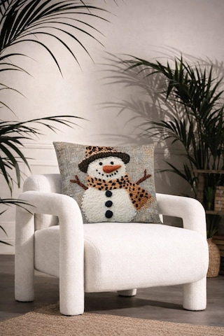 Leopar Detaylı 3d Kardan Adam Dekoratif Kırlent Kılıfı 45x45 Cm Gri