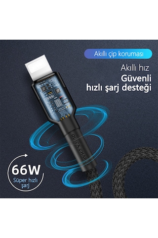 66w Süper Hızlı Şarj Kablosu 1 Metre Usb Apple Bağlantı 6a Akım Yüksek Yoğunluklu Dokuma apple 1m Black