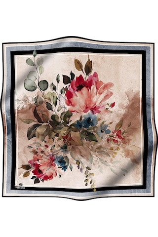 Vissona %100 Twill İpek Bahar Çiçekleri Desenli Siyah - Haki Renkli 90x90 Eşarp Dikim Şekli : El Dikişi Çok Renkli