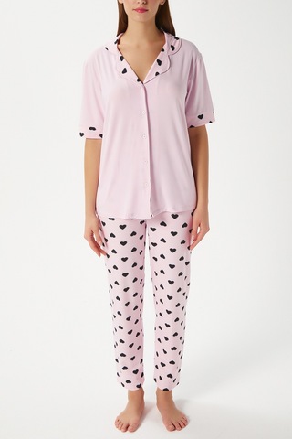 Kadın Lily Yumuşak Doku Pembe Kalpli Ön Düğmeli Kısa Kollu Pijama Takımı Pembesiyah Pembe - Siyah