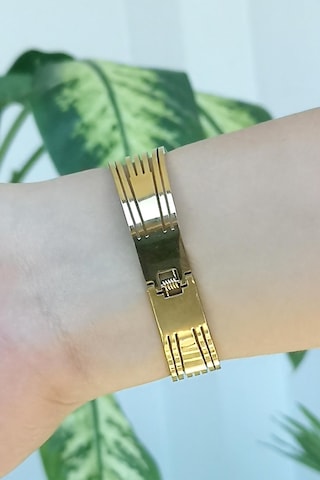 Allmisse Altın Kaplama Zirkon Taşlı Roma Rakam Detaylı Çelik Kaburga Bileklik