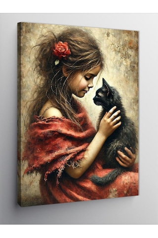 Kanvas Tablo Kara Kedi Ve Kız Çocuğu 70cmx100cm