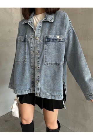 Esra Butik78 Açık Mavi Yıkamalı Oversize Kot Ceket Çift Cepli Salaş Denim Ceket