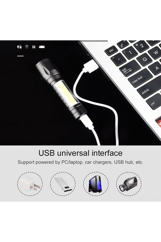 Skycity Usb Şarjlı 3 Modlu Cob El Feneri - 360 Lümen Parlaklık, Zoom Özellikli, Su Geçirmez Gümüş