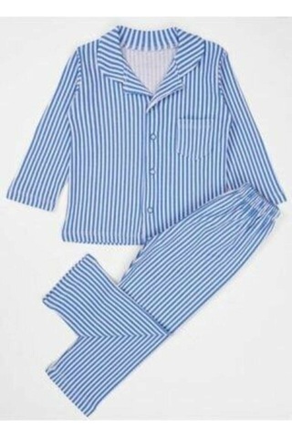 Megalaksi Erkek Çocuk Önden Düğmeli Çizgili Mavi Gaffur Pijama Takımı