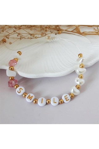 Makrome Örme Smile Yazılı Sedef & Gül Kuvars Doğal Taş & İncili Kadın Bileklik & Halhal Çok Renkli