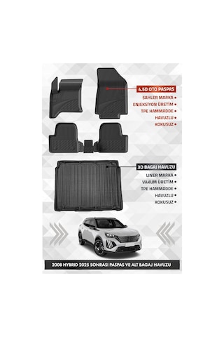 Peugeot 2008 Hybrıd 2025 Ve Sonrası Uyumlu 4.5d Premium Havuzlu Oto Paspas Ve Liner Alt Bagaj Havuzu
