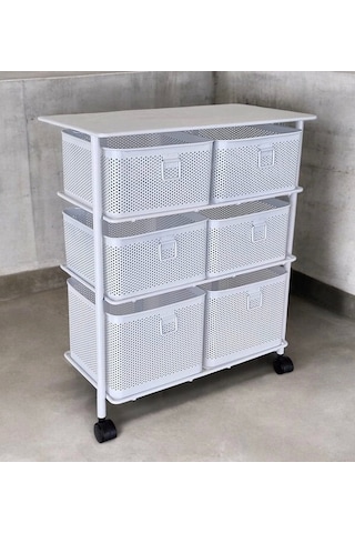 Metal Tekerlekli Paslanmaz Sebzelik 6 Bölmeli 3 Katlı Beyaz Beyaz