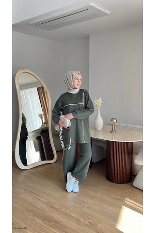 Olivia Kadın Mevsimlik Penye Alt Üst Spor Ve Rahat Tesettür İkili Takım Haki