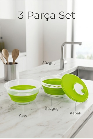 Katlanabilir Salata Kurutucu - Süzgeç Ve Kase Seti - 3 Ü 1 Arada 4.5 Litre Yeşil