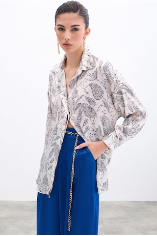 Sateen Desenli Saten Gömlek - Ekru-135962 Ekru