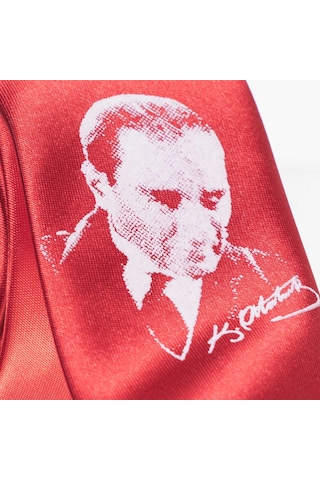 Çocuk Boy Atatürk Ve Imza Baskılı Saten Kırmızı Kravat - Ck-28