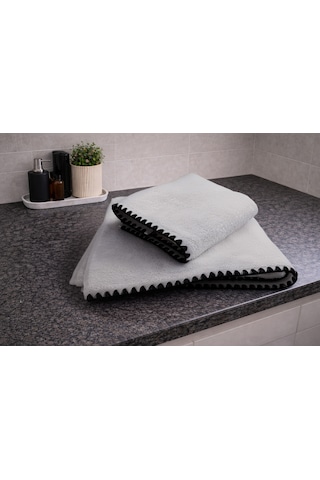 Siyah İstiridye Dikişli %100 Pamuk Yumuşak Dokulu Yüksek Su Emici 2'li Banyo Havlu Seti 50x90-70x130 Krem